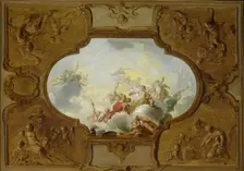 Design for a ceiling painting with the Apotheosis of Aeneas, in the corners the Four Seasons, c.1720 Creator: Jacob de Wit