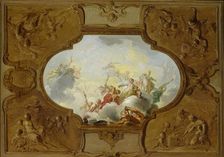 Design for a ceiling painting with the Apotheosis of Aeneas, in the corners the Four Seasons, c.1720 Creator: Jacob de Wit