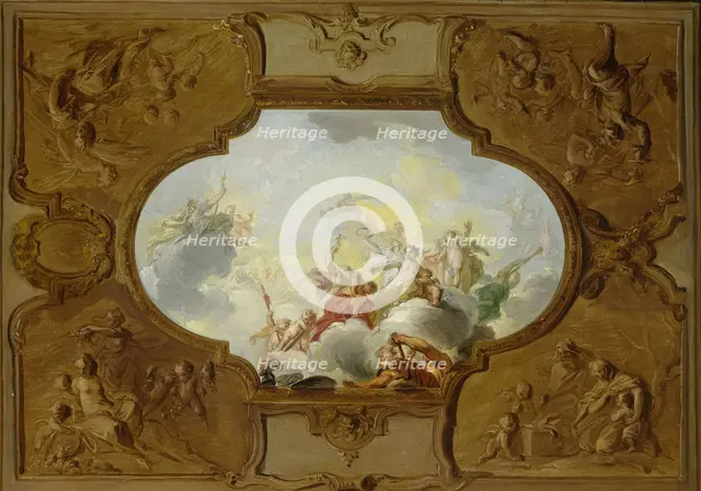 Design for a ceiling painting with the Apotheosis of Aeneas, in the corners the Four Seasons, c.1720 Creator: Jacob de Wit.