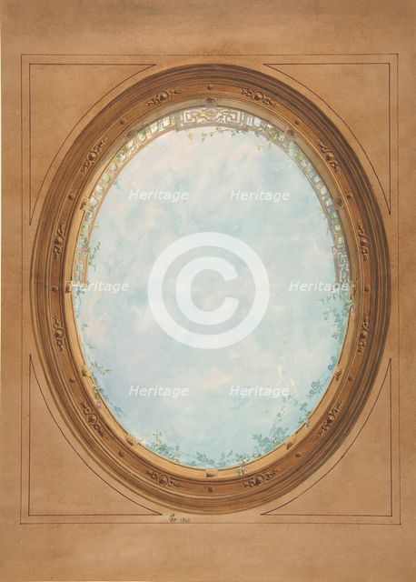 Design for a ceiling with trompe l'oeil balustrade and sky, 1869. Creators: Jules-Edmond-Charles Lachaise, Eugène-Pierre Gourdet.