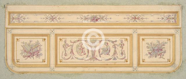 Design for a ceiling with two putti and symbols for the arts, second half 19th century. Creators: Jules-Edmond-Charles Lachaise, Eugène-Pierre Gourdet.