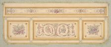 Design for a ceiling with two putti and symbols for the arts, second half 19th century. Creators: Jules-Edmond-Charles Lachaise, Eugène-Pierre Gourdet
