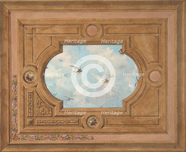 Design for a ceiling with a trompe l'oeil sky filled with birds, 19th century. Creators: Jules-Edmond-Charles Lachaise, Eugène-Pierre Gourdet.