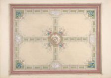 Design for a ceiling with floral accents and Greek key border, second half 19th century. Creators: Jules-Edmond-Charles Lachaise, Eugène-Pierre Gourdet