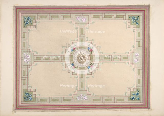 Design for a ceiling with floral accents and Greek key border, second half 19th century. Creators: Jules-Edmond-Charles Lachaise, Eugène-Pierre Gourdet.