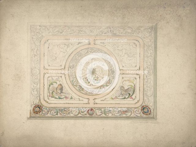 Design for a Ceiling with Lion and Lioness, 19th century. Creator: Anon.