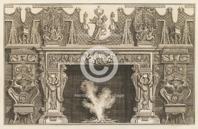 Design for a chimneypiece with detailed moulded surround with figures, lattice-work, horses..., 1769 Creator: Giovanni Battista Piranesi.