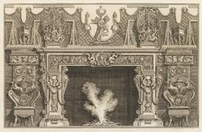 Design for a chimneypiece with detailed moulded surround with figures, lattice-work, horses..., 1769 Creator: Giovanni Battista Piranesi