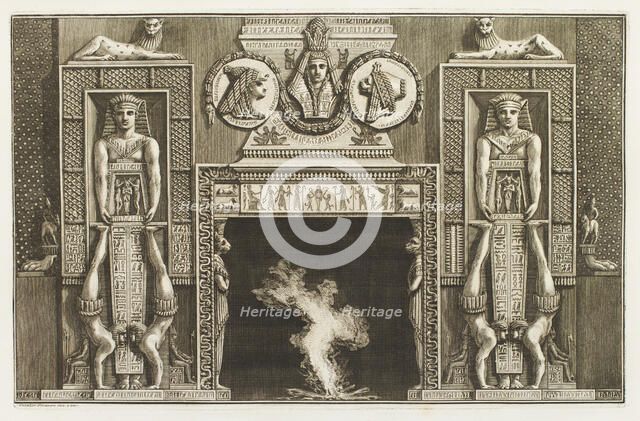 Design for a chimneypiece with Egyptian figures, acrobats, hieroglyphs and medals over the..., 1769. Creator: Giovanni Battista Piranesi.