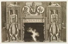 Design for a chimneypiece with Egyptian figures, acrobats, hieroglyphs and medals over the..., 1769. Creator: Giovanni Battista Piranesi
