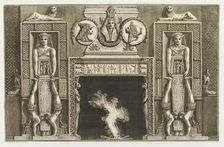 Design for a chimneypiece with Egyptian figures, acrobats, hieroglyphs and medals over the..., 1769. Creator: Giovanni Battista Piranesi