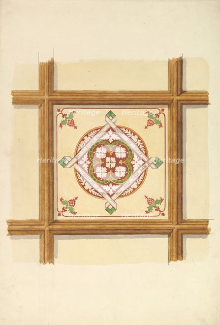Design for a Coffered and Painted Ceiling in Rust and Olive Green, with a Quatrefoil Motif, 19th cen Creator: John Gregory Crace.