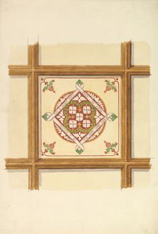 Design for a Coffered and Painted Ceiling in Rust and Olive Green, with a Quatrefoil Motif, 19th cen Creator: John Gregory Crace