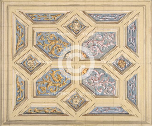 Design for a coffered ceiling decorated with rinceaux, 1840-97. Creators: Jules-Edmond-Charles Lachaise, Eugène-Pierre Gourdet.