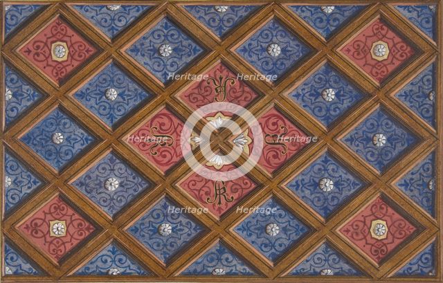 Design for a coffered ceiling with painted initials: SRI (?), 1840-97. Creators: Jules-Edmond-Charles Lachaise, Eugène-Pierre Gourdet.