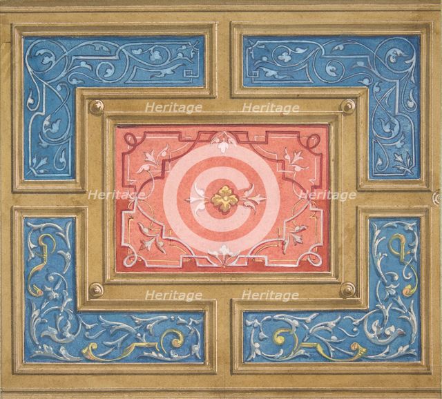 Design for a coffered ceiling with painted panels, 1840-97. Creators: Jules-Edmond-Charles Lachaise, Eugène-Pierre Gourdet.