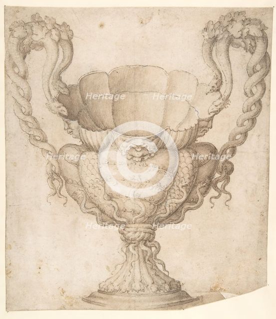 Design for a Decorated Drinking Cup with Floriated Heads around Large Mouth..., n.d.. Creator: Giulio Romano.