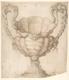 Design for a Decorated Drinking Cup with Floriated Heads around Large Mouth..., n.d.. Creator: Giulio Romano