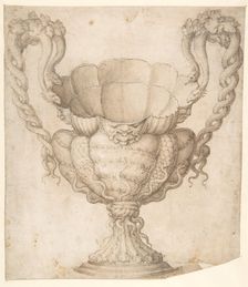 Design for a Decorated Drinking Cup with Floriated Heads around Large Mouth..., n.d.. Creator: Giulio Romano