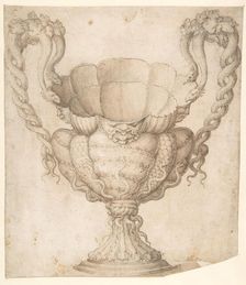 Design for a Decorated Drinking Cup with Floriated Heads around Large Mouth..., n.d.. Creator: Giulio Romano