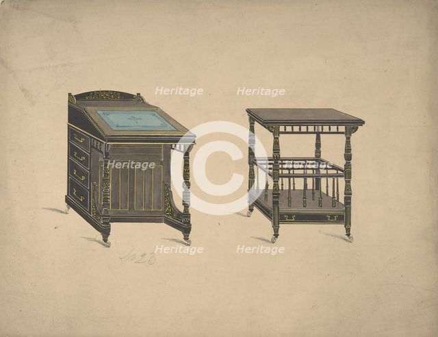 Design for a Desk on Wheels and a Canterbury Table on Wheels, 19th century. Creator: Anon.
