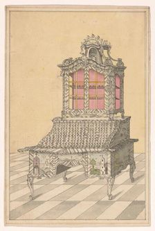 Design for a desk with a display up, decorated with marquetry of landscapes, c.1760-c.1770. Creator: Anon