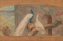 Design for a dessus-de-porte: branch with peacock and other birds, 1874. Creator: August Allebe