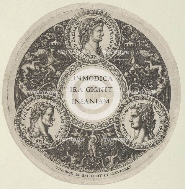 Design for a Dish with Portraits of the Roman Emperors Nero, Galba, and Caligula, ca. ..., ca. 1588. Creator: Theodor de Bry.