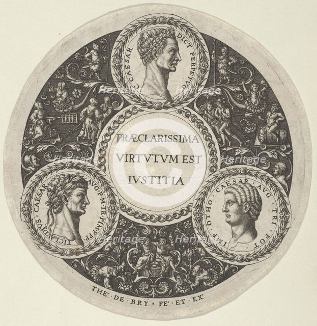Design for a Dish with Portraits of the Roman Emperors Caesar, Claudius, and Otho, ca...., ca. 1588. Creator: Theodor de Bry.
