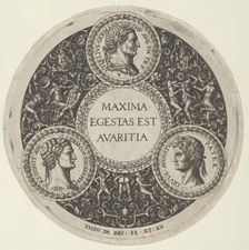 Design for a Dish with Portraits of the Roman Emperors Vitellius, Domitian, and August..., ca. 1588. Creator: Theodor de Bry