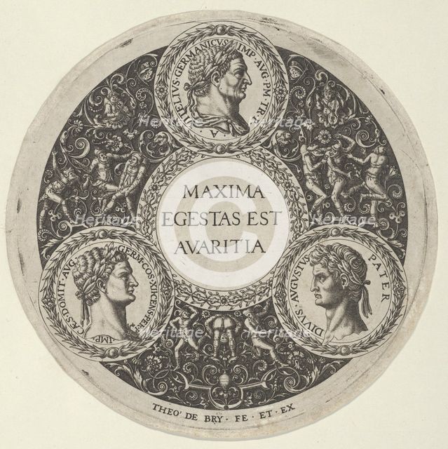 Design for a Dish with Portraits of the Roman Emperors Vitellius, Domitian, and August..., ca. 1588. Creator: Theodor de Bry.