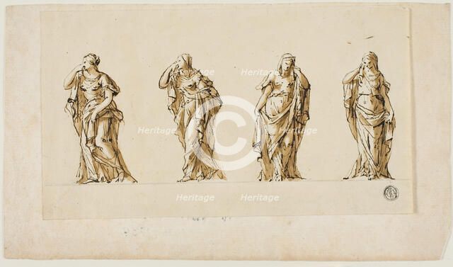Design for a Funerary Monument: Four Draped Mourning Female Figures, n.d. Creators: John Michael Rysbrack, Sir James Thornhill.