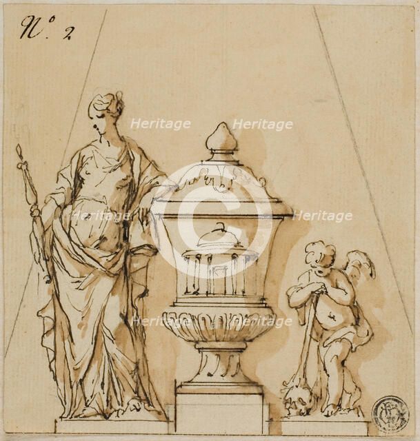 Design for a Funerary Monument with Fate, Urn, Putto, n.d. Creators: John Michael Rysbrack, Sir James Thornhill.