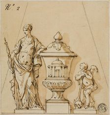 Design for a Funerary Monument with Fate, Urn, Putto, n.d. Creators: John Michael Rysbrack, Sir James Thornhill