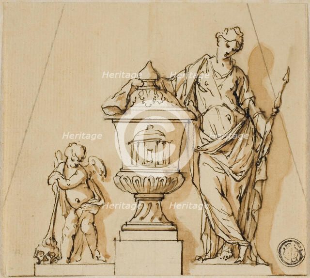 Design for a Funerary Monument with Fate, Putto, and Urn, n.d. Creators: John Michael Rysbrack, Sir James Thornhill.