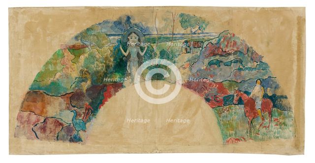 Design for a Fan Featuring a Landscape and a Statue of the Goddess Hina, 1900/03. Creator: Paul Gauguin.