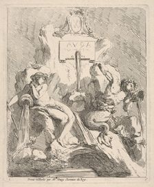 Design for a fountain with a seated nymph at left and triton holding a shell to his mouth ..., 1768. Creator: Charles Hutin