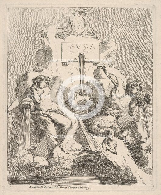 Design for a fountain with a seated nymph at left and triton holding a shell to his mouth ..., 1768. Creator: Charles Hutin.