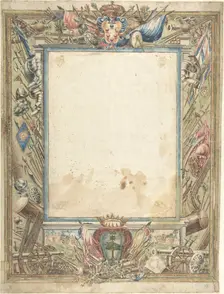 Design for a Frame with Armorial Trophies, the Medici Coat of Arms..., 16th century. Creator: Anon
