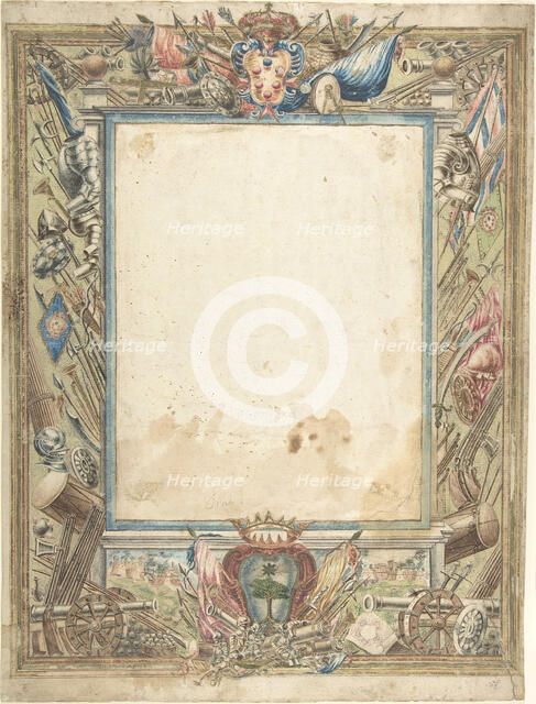 Design for a Frame with Armorial Trophies, the Medici Coat of Arms..., 16th century. Creator: Anon.