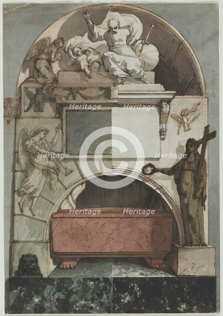 Design for a Fresco of an Artist's Tomb in the Certosa of Bologna (recto)..., c. 1810-1820. Creator: Pietro Fancelli (Italian, 1764-1850).