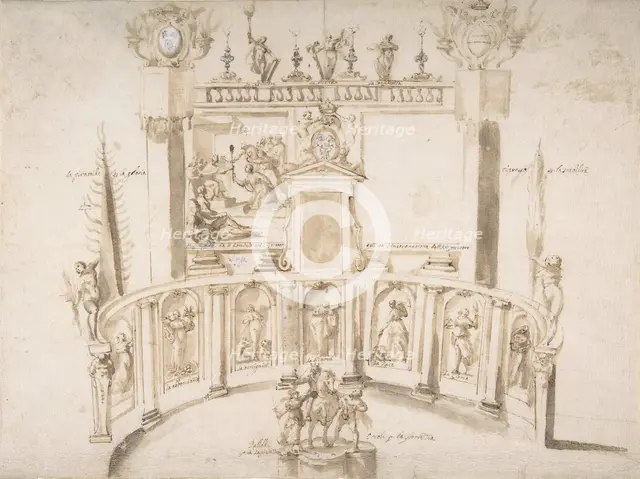 Design for a Garden Fête with a Semi-circular Wall and Statues in Niches., ca. 1635-79. Creator: Francesco Allegrini.