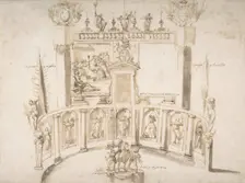 Design for a Garden Fête with a Semi-circular Wall and Statues in Niches., ca. 1635-79. Creator: Francesco Allegrini