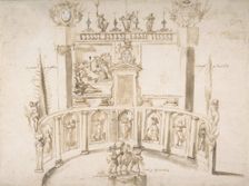 Design for a Garden Fête with a Semi-circular Wall and Statues in Niches., ca. 1635-79. Creator: Francesco Allegrini
