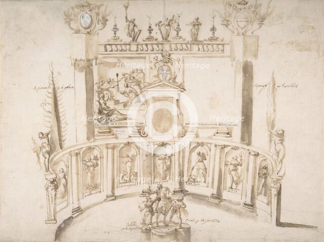 Design for a Garden Fête with a Semi-circular Wall and Statues in Niches., ca. 1635-79. Creator: Francesco Allegrini.