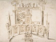 Design for a Garden Fête with a Semi-circular Wall and Statues in Niches., ca. 1635-79. Creator: Francesco Allegrini
