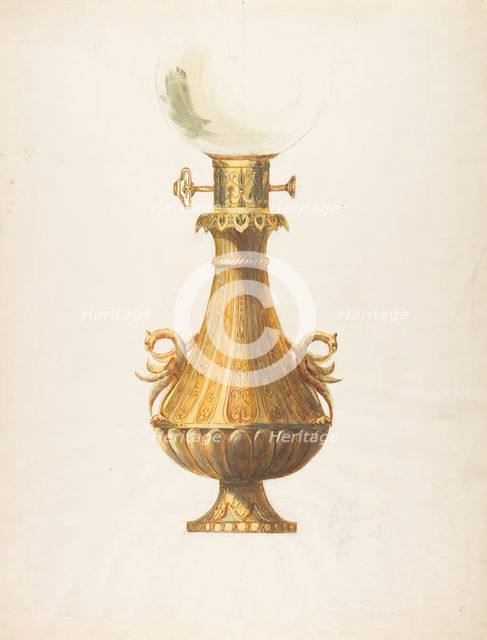 Design for a Gas Lamp with Gilt Base and Glass Globe, 19th century. Creator: Guérard.