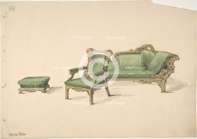 Design for a Gilded Settee, Arm Chair and Footstool with Green Upholstery, early 19th century. Creator: Anon.