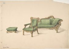 Design for a Gilded Settee, Arm Chair and Footstool with Green Upholstery, early 19th century. Creator: Anon