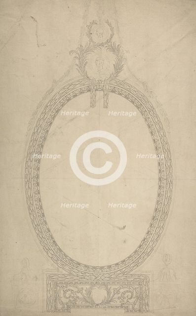 Design for a Girandole Mirror, an Oval Resting on an Oblong Base, Terminated..., c.a. 1775. Creator: William Chambers.